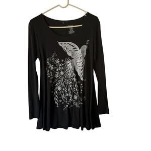 Green 3 Shirt Medium Black Silver Bird Floral Long Sleeve Organic Sustainable